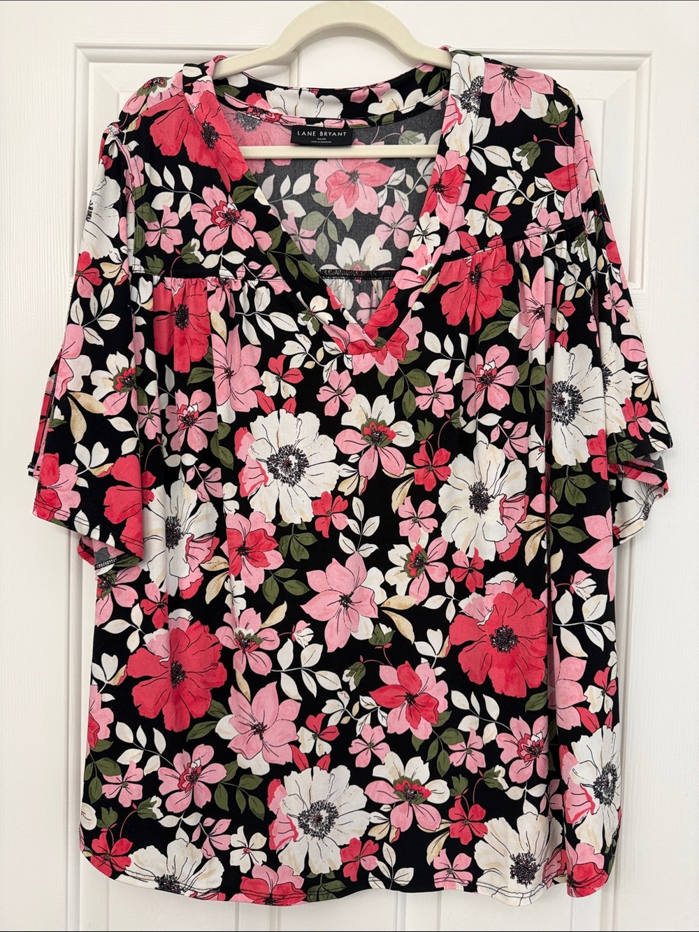 Lane Bryant Black Floral V-Neck Blouse with Pink & White Blooms
